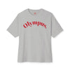 Gray t-shirt with 'Olympus' text in red on a white background