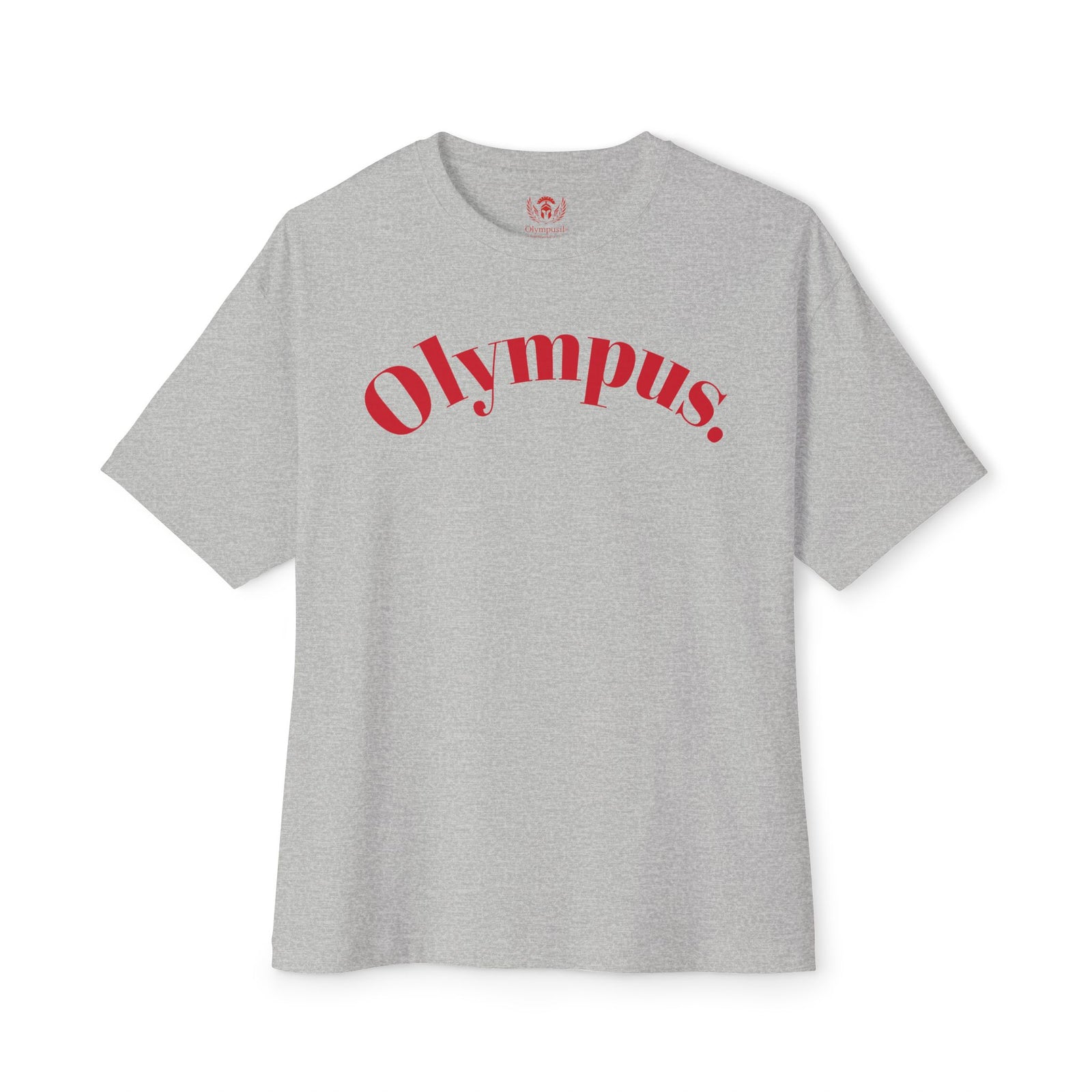 Gray t-shirt with 'Olympus' text in red on a white background