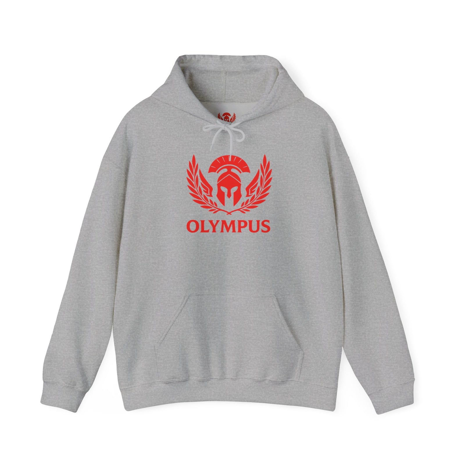 Gray hoodie with red 'Olympus' logo on a white background