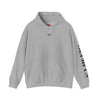 Gray hoodie with a logo on the chest and text on the sleeve against a white background