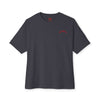Dark gray t-shirt with a red logo on a white background