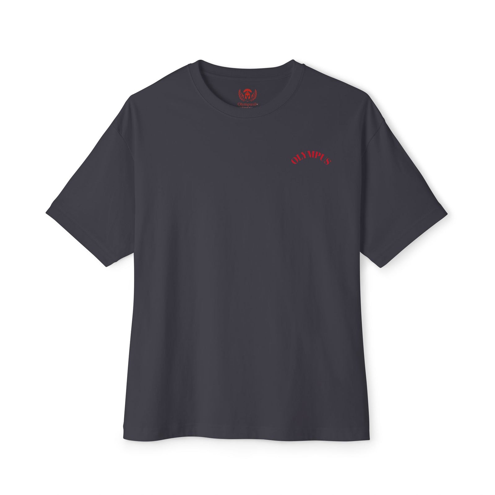 Dark gray t-shirt with a red logo on a white background