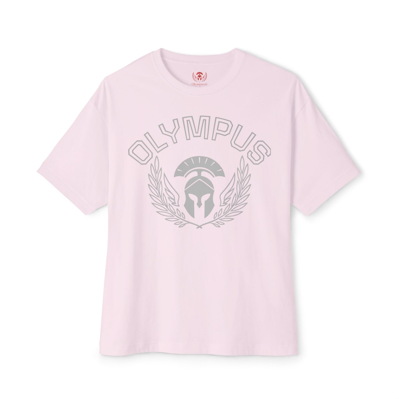 Pink t-shirt with 'Olympus' logo on a white background