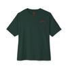 Green t-shirt with a red logo on a white background
