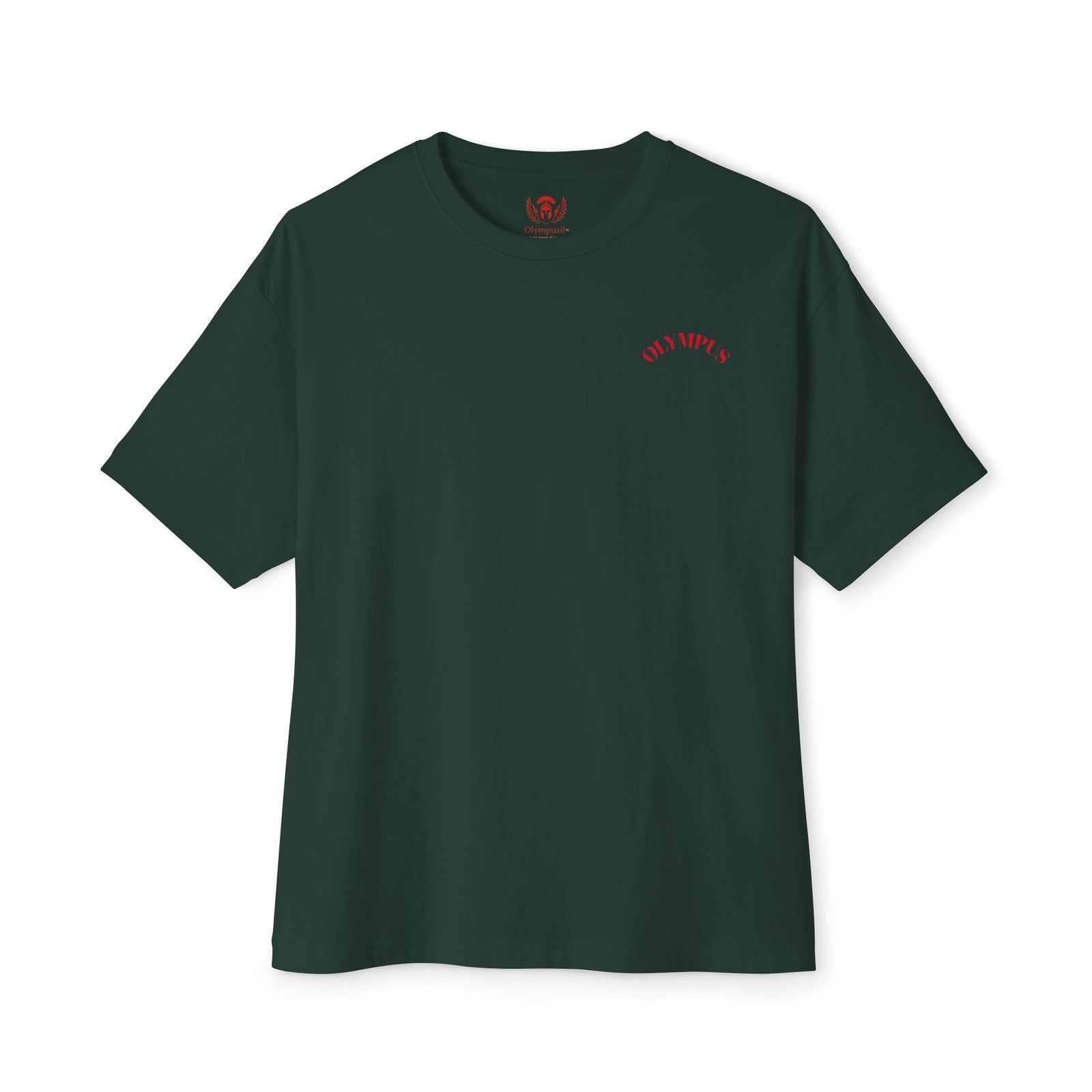 Green t-shirt with a red logo on a white background
