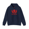 Navy blue hoodie with red 'Olympus' logo on a white background