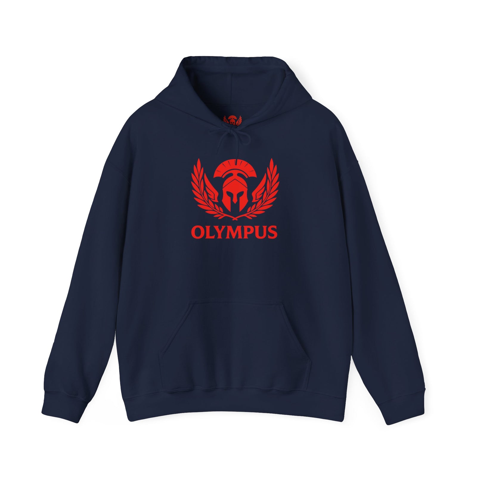 Navy blue hoodie with red 'Olympus' logo on a white background