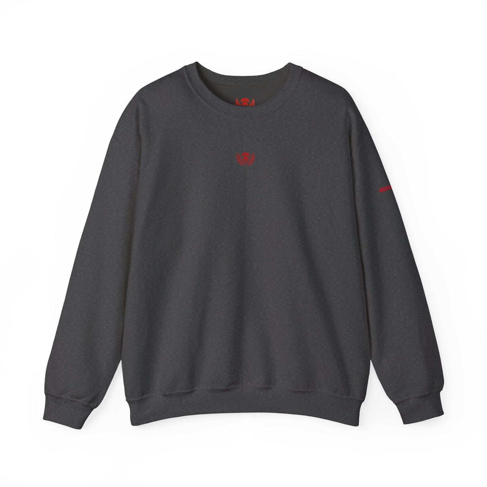 Gray sweatshirt with a red heart design on a white background