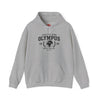 Gray hoodie with 'Olympus' logo on a white background