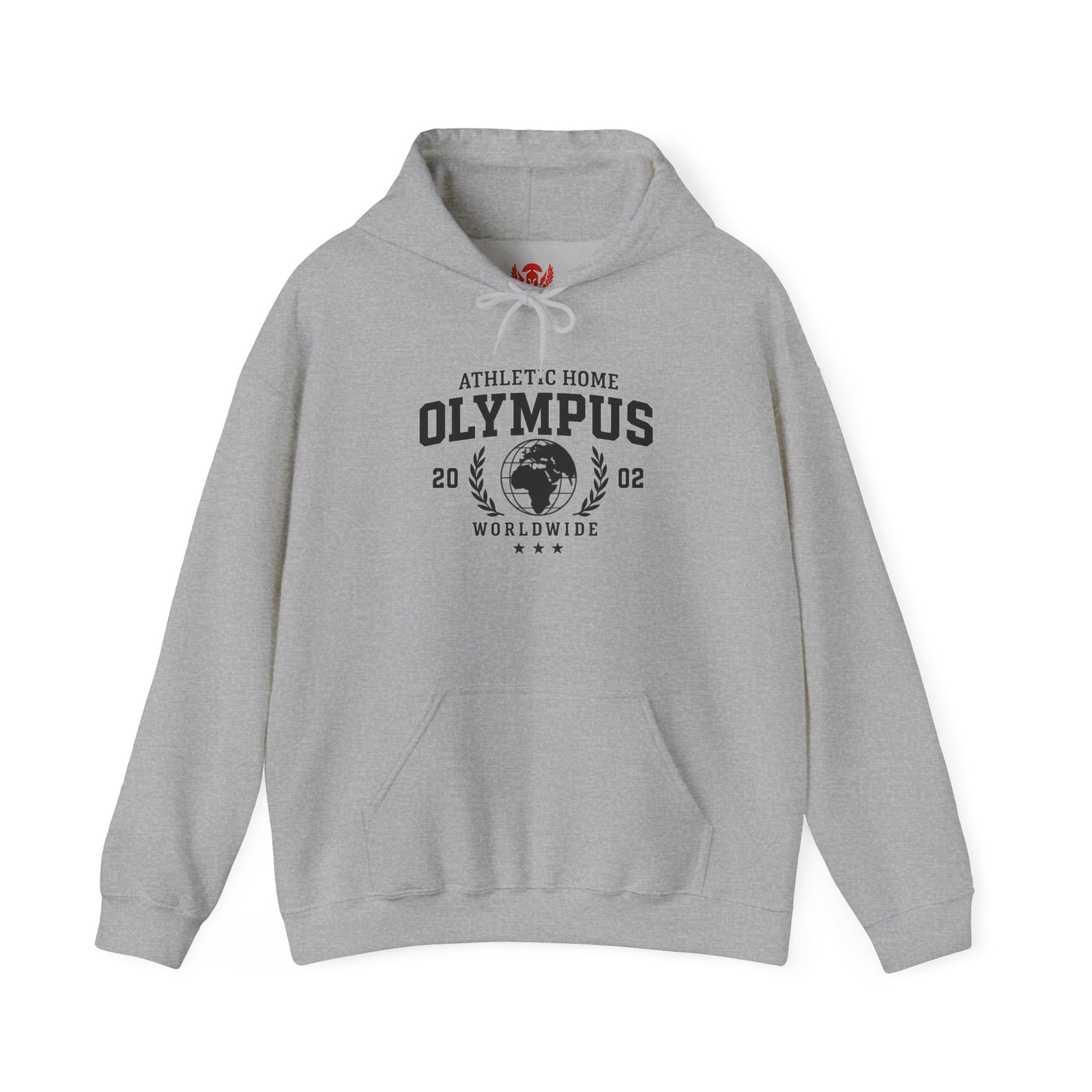 Gray hoodie with 'Olympus' logo on a white background