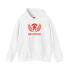 White hoodie with red 'Olympus' logo on a white background