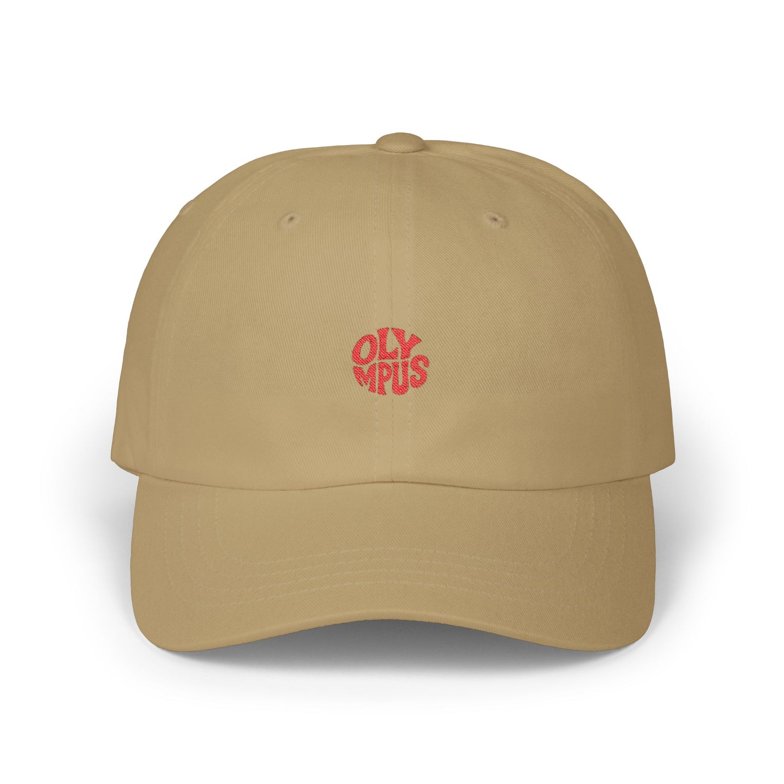 Beige cap with red logo on a white background