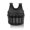 Black weighted vest with weight compartments on a white background