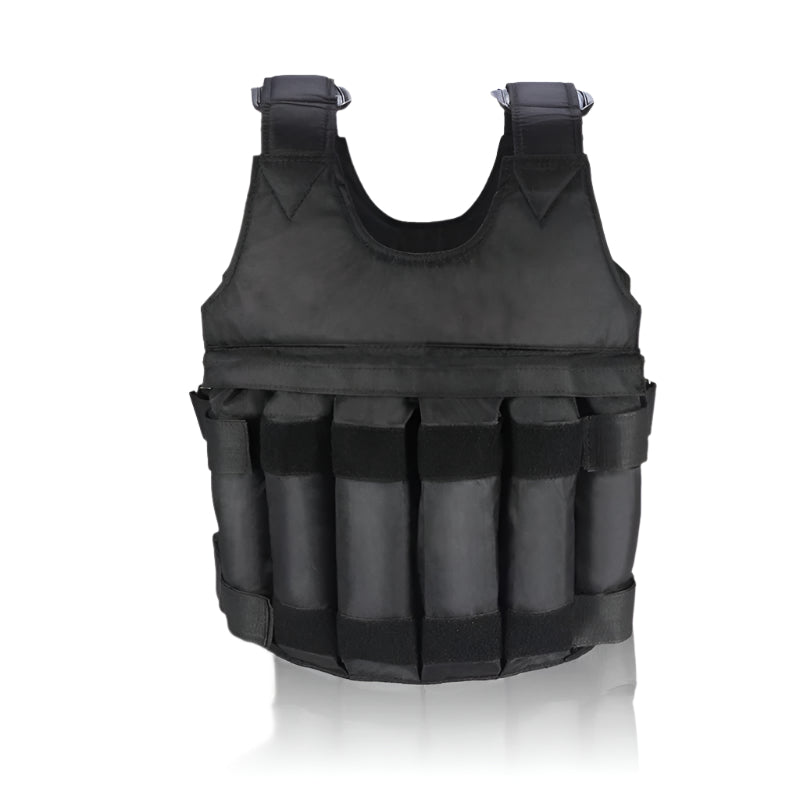 Black weighted vest with weight compartments on a white background