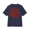 Navy blue t-shirt with red 'OLYMPUS' text on a white background