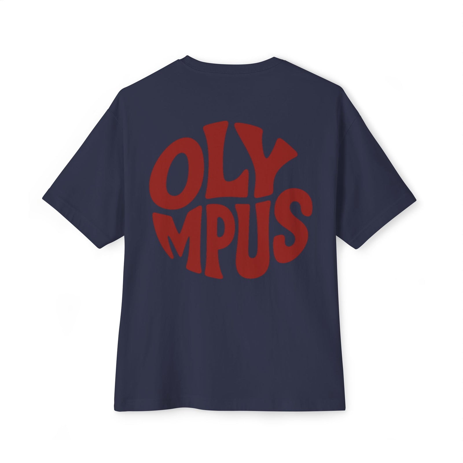 Navy blue t-shirt with red 'OLYMPUS' text on a white background