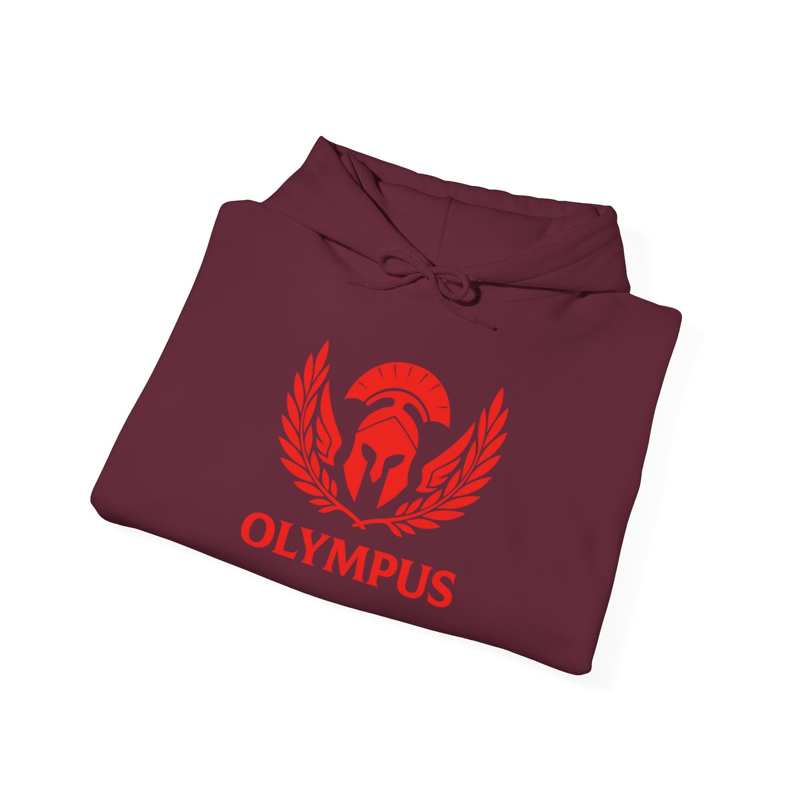 Folded maroon hoodie with red 'Olympus' logo on a white background