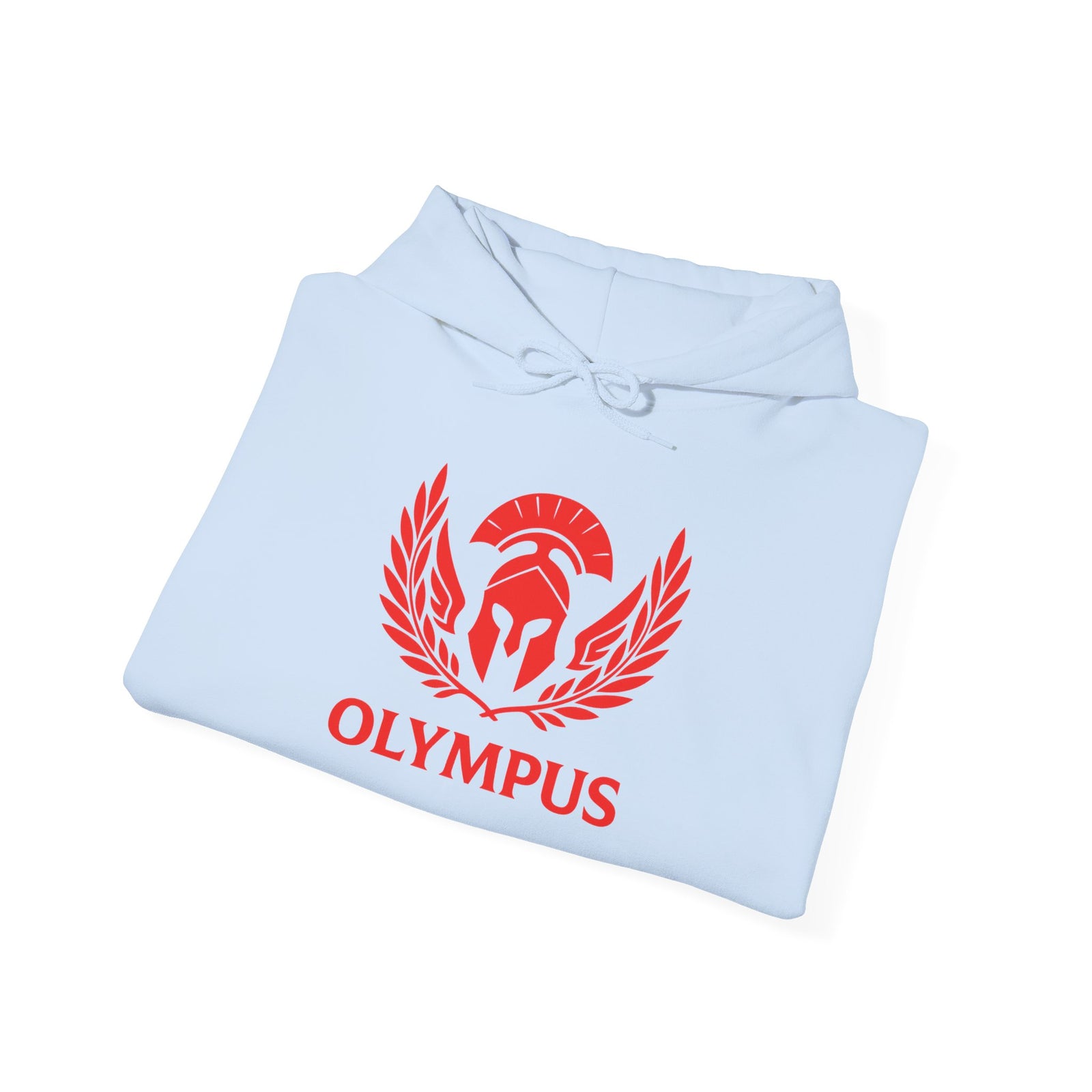 Light blue hoodie with red Olympus logo on a white background