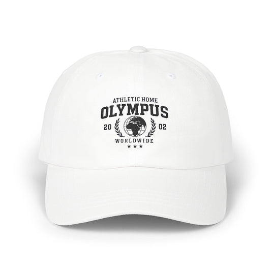 White cap with black text and graphics on a white background
