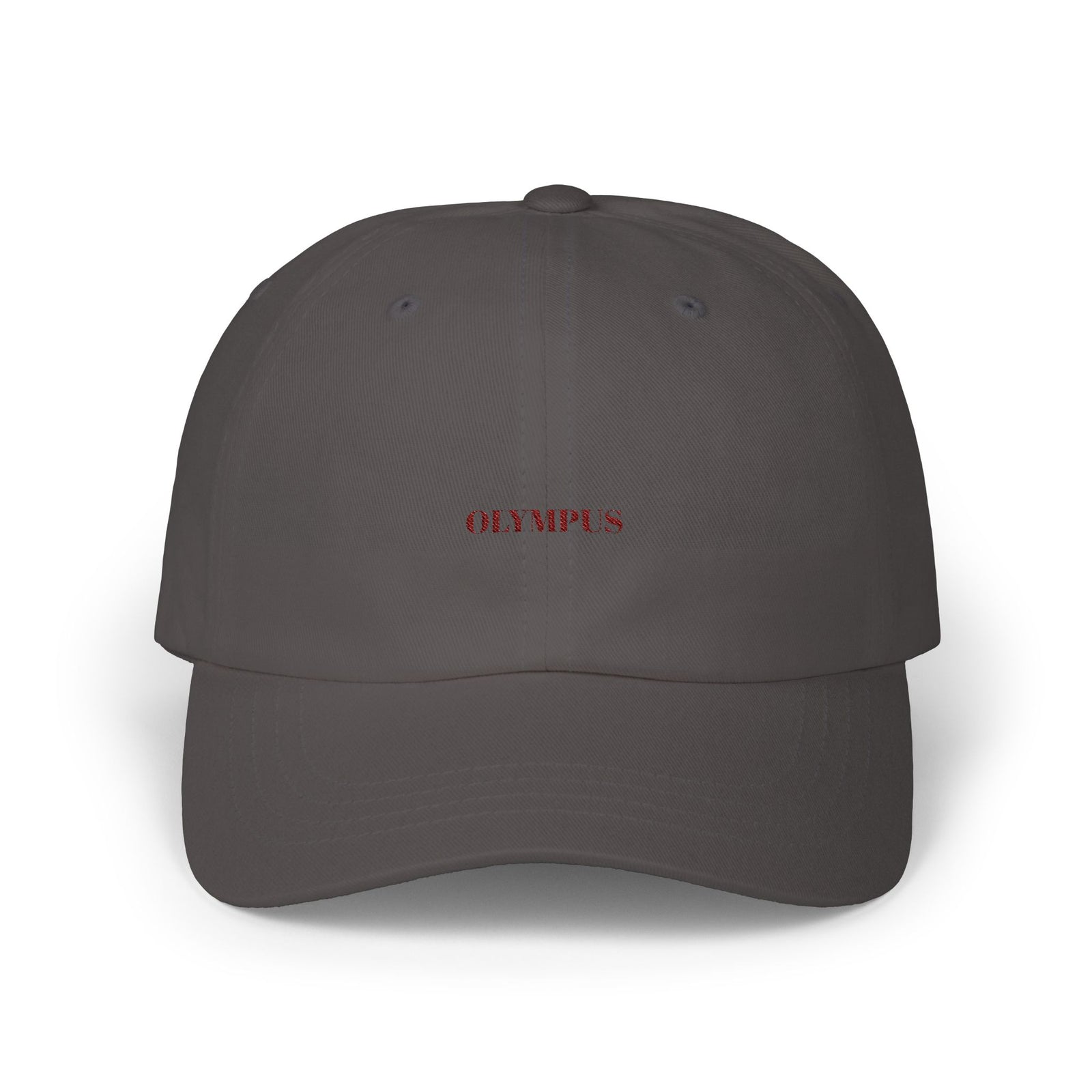 Dark gray cap with 'OLYMPUS' logo on a white background