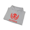 Folded gray hoodie with red 'Olympus' logo on a white background