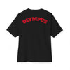Black t-shirt with 'OLYMPUS' printed in red on the back against a white background