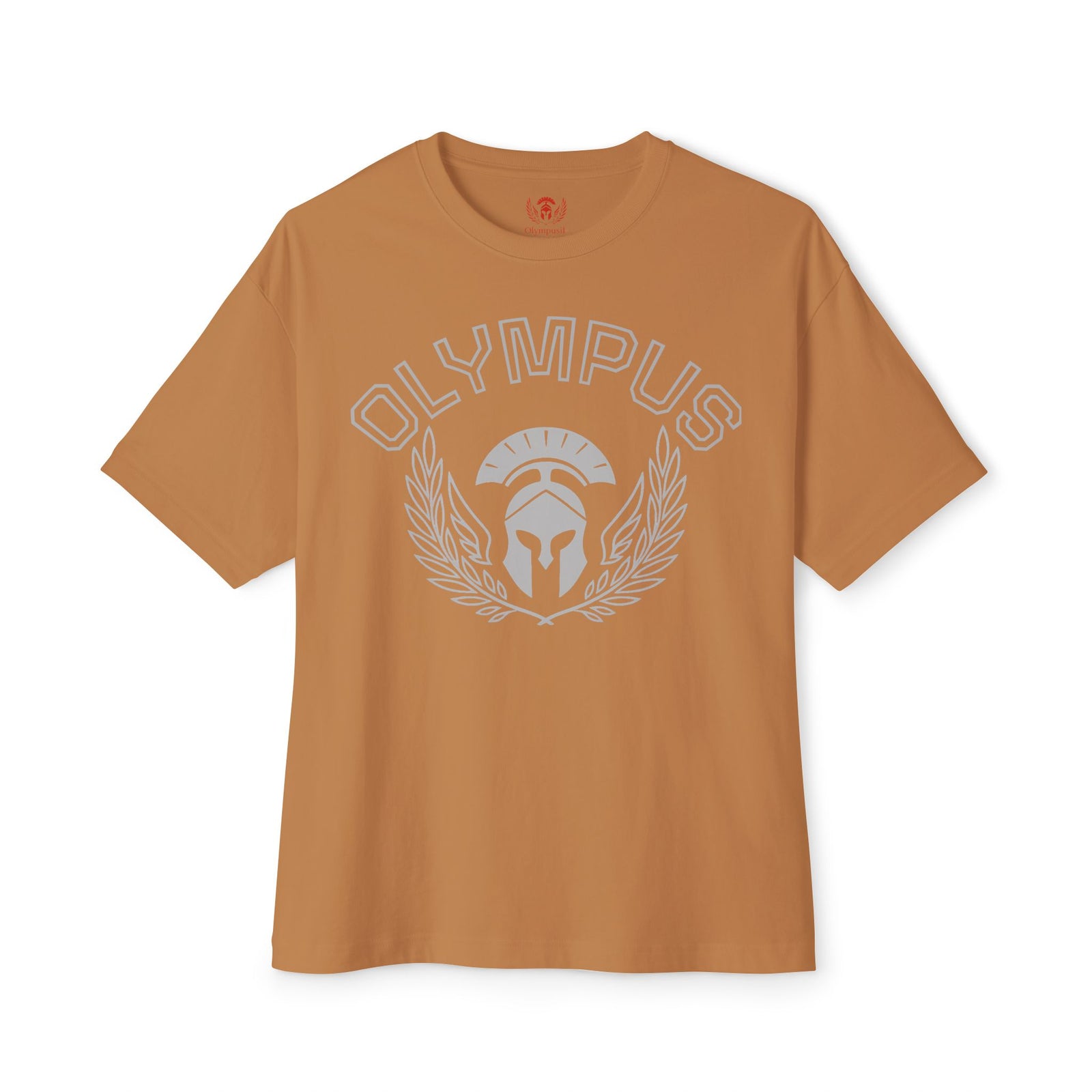 Brown t-shirt with 'Olympus' logo on a white background