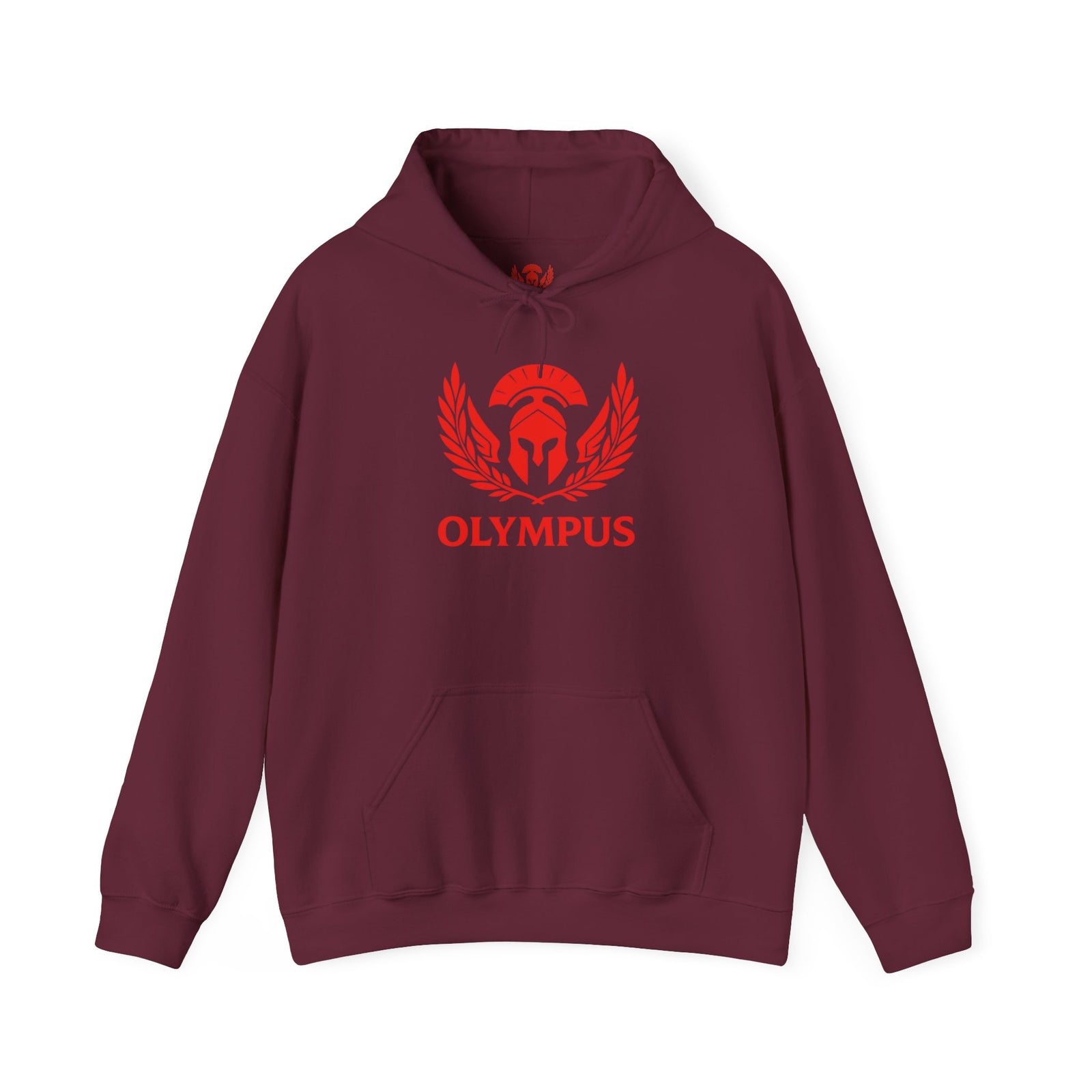 Maroon hoodie with red 'Olympus' logo on a white background