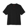 Black t-shirt with a small red logo on a white background