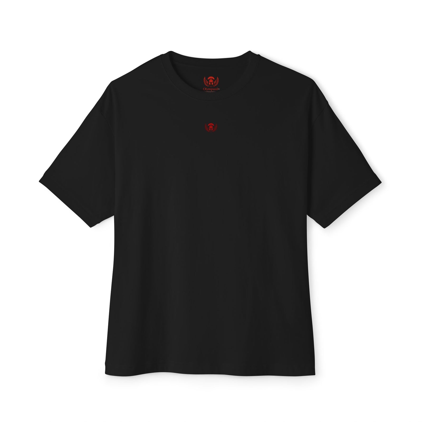 Black t-shirt with a small red logo on a white background