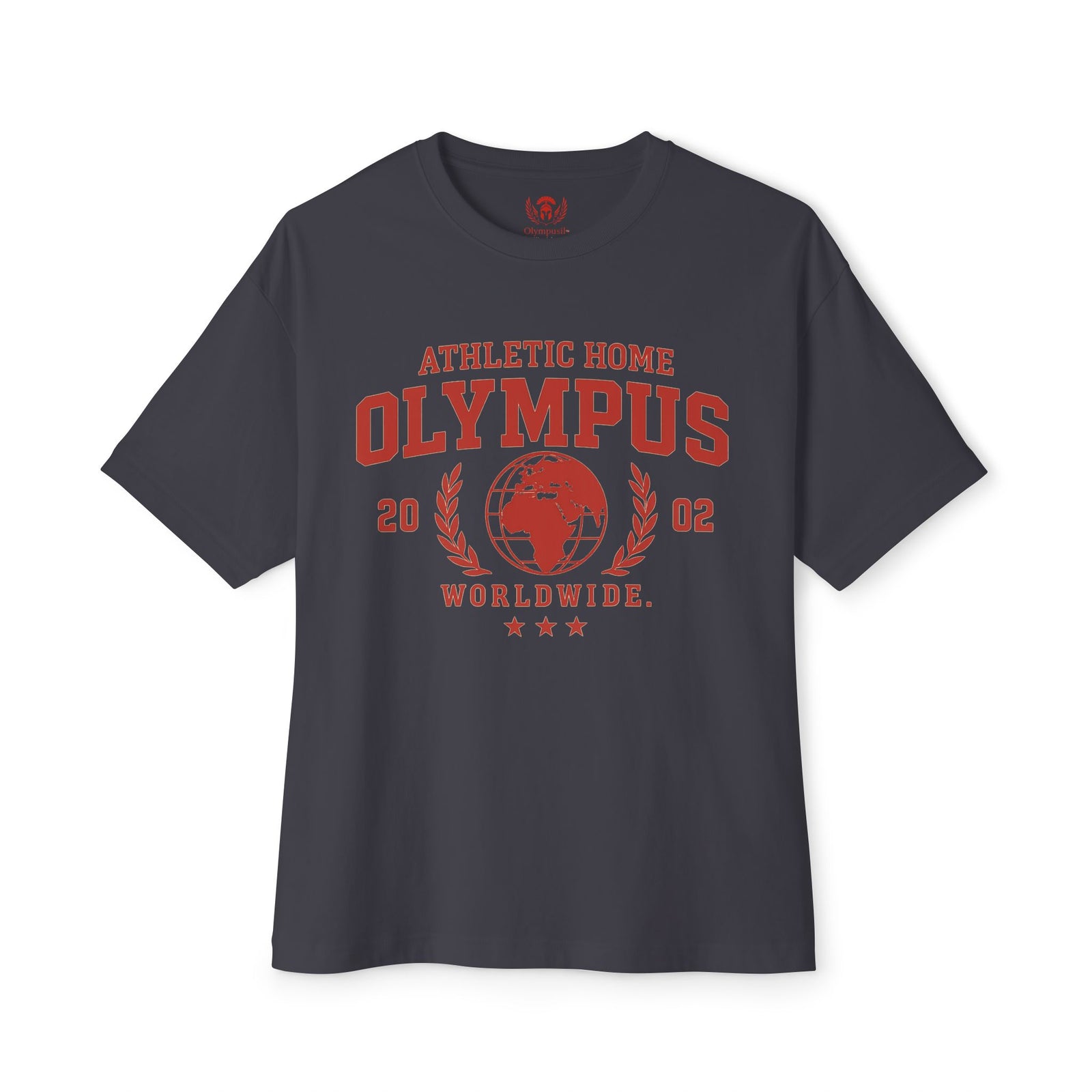 Black t-shirt with red 'Olympus' graphic design on a white background