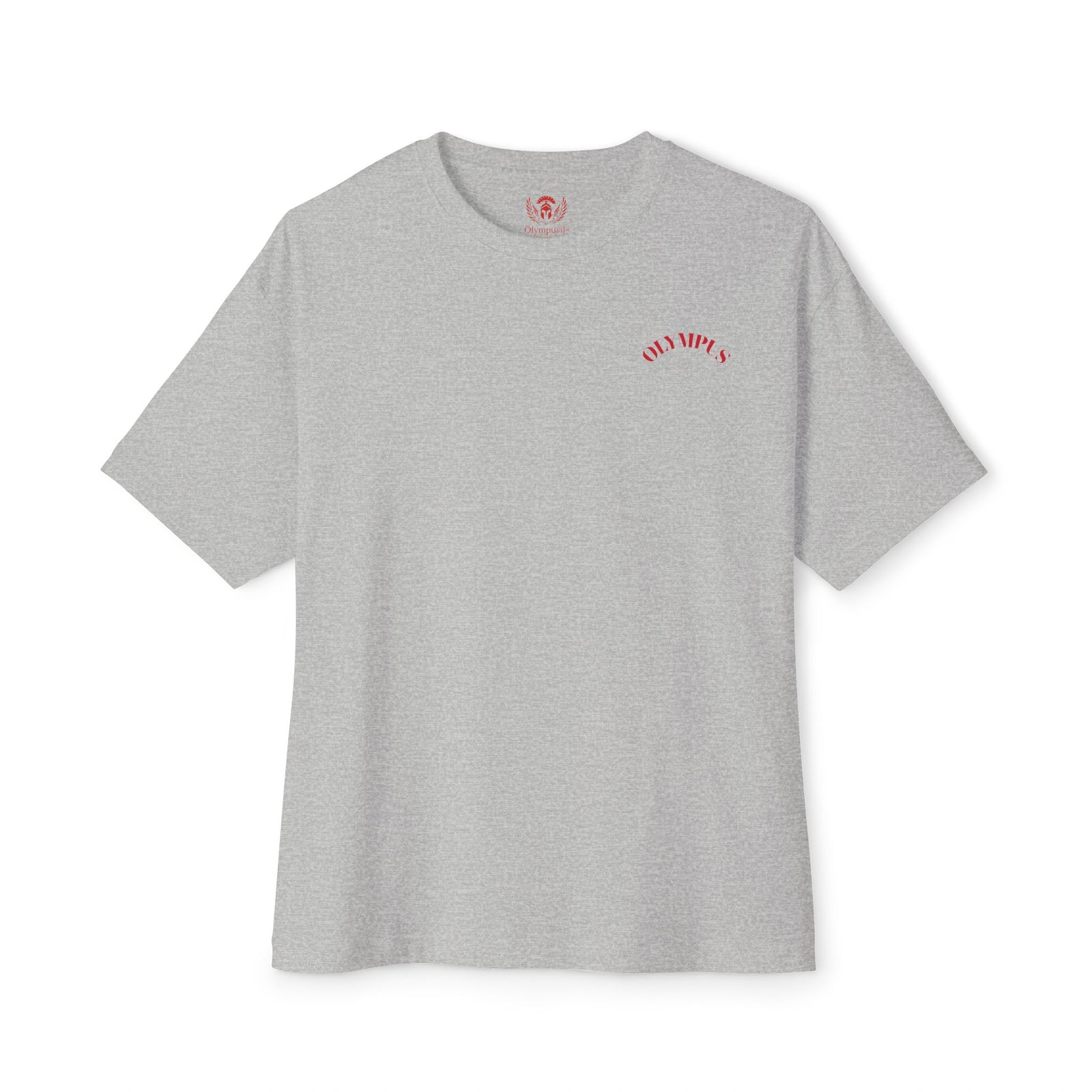 Gray t-shirt with a red logo on a white background