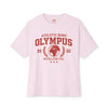 Pink t-shirt with red text and graphics on a white background