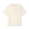 Beige t-shirt with a small red logo on a white background