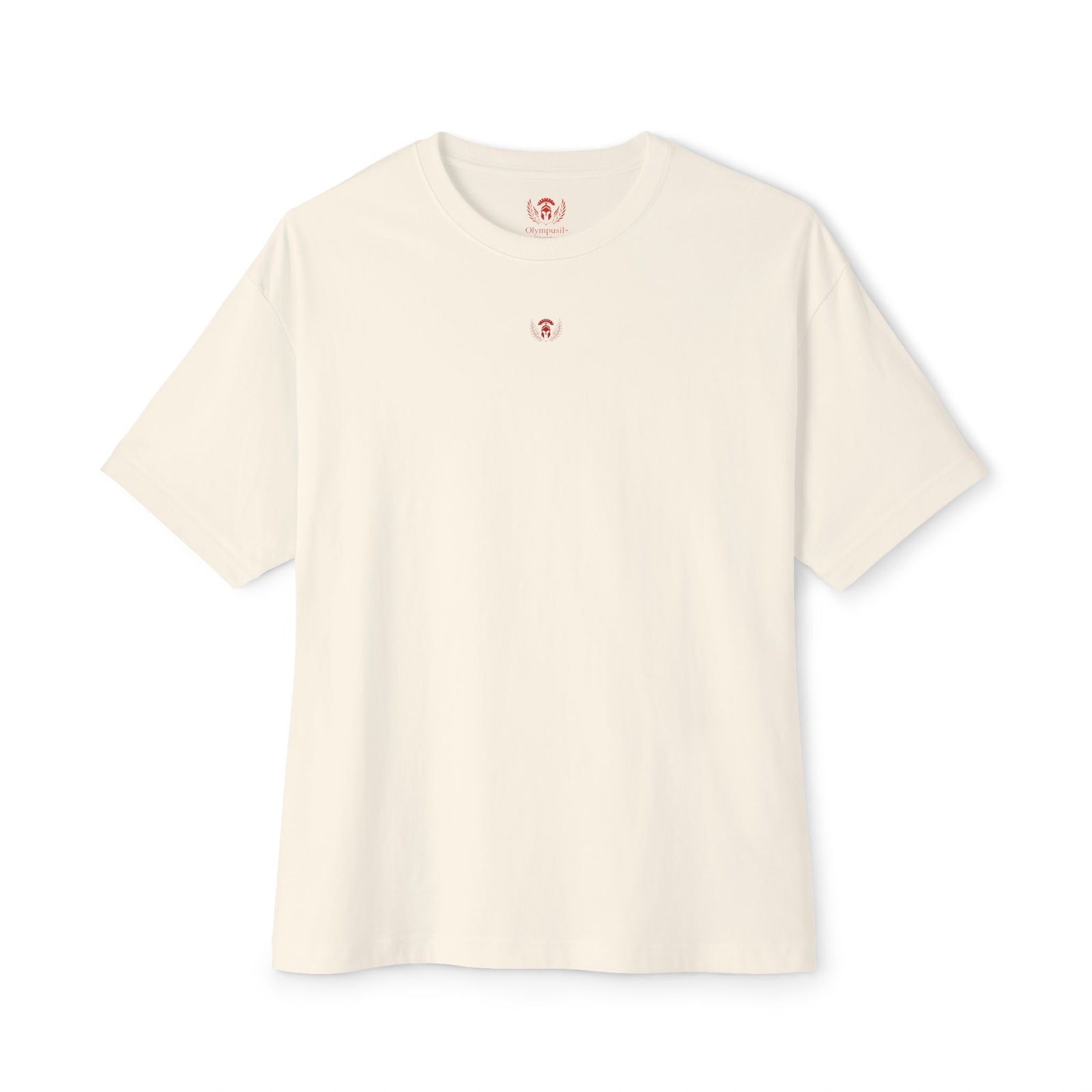 Beige t-shirt with a small red logo on a white background