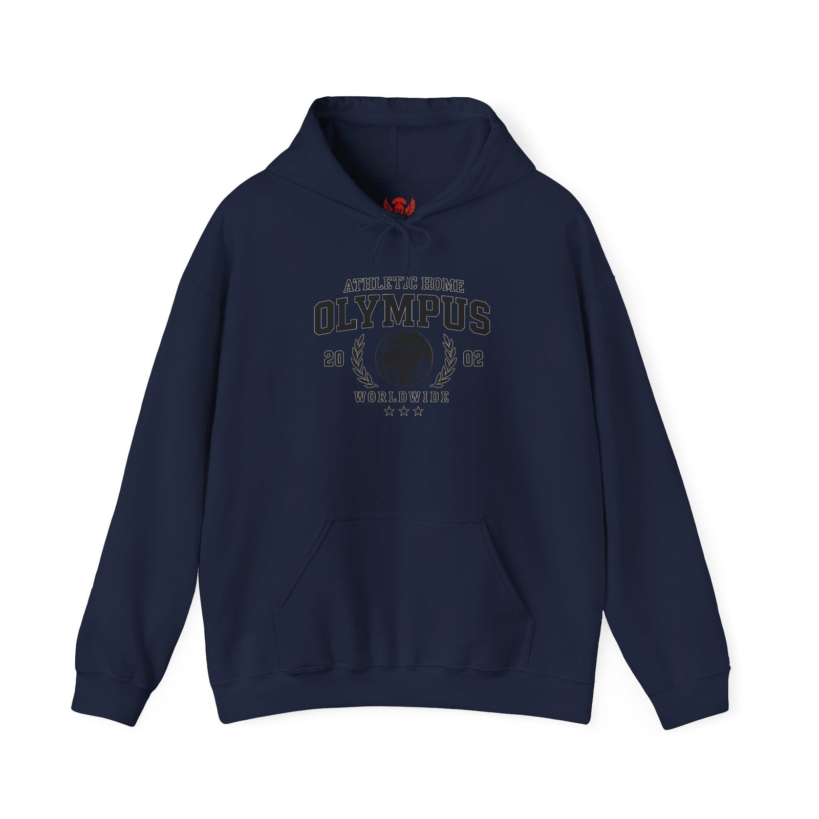 Navy blue hoodie with 'Olympus' branding on a white background