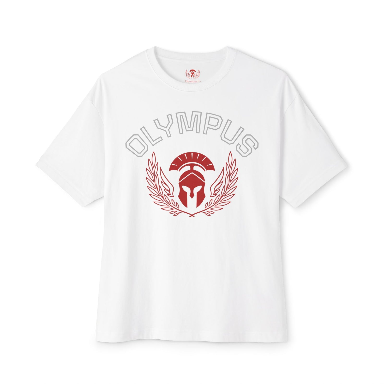 White t-shirt with red 'Olympus' logo on a white background