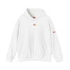 White hoodie with red logo on a white background