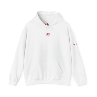 White hoodie with red logo on a white background