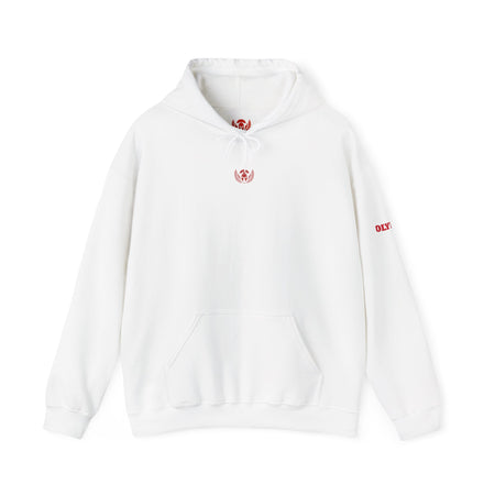 White hoodie with red logo on a white background