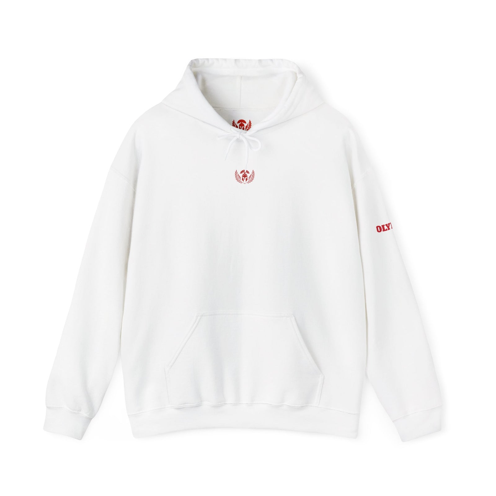 White hoodie with red logo on a white background