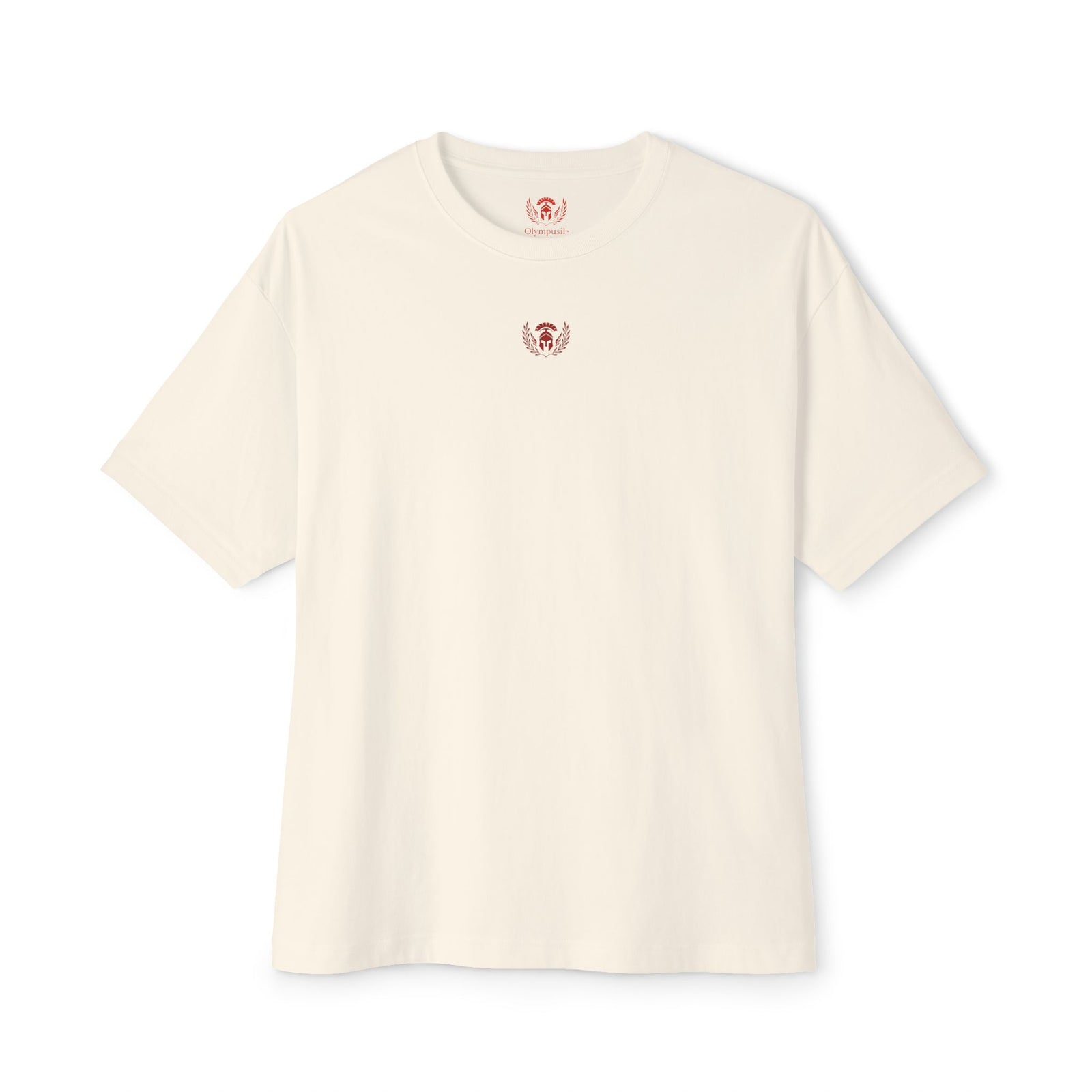 Beige t-shirt with a small logo on a white background
