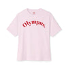 Pink t-shirt with 'Olympus' text on a white background