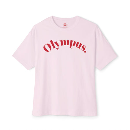 Pink t-shirt with 'Olympus' text on a white background