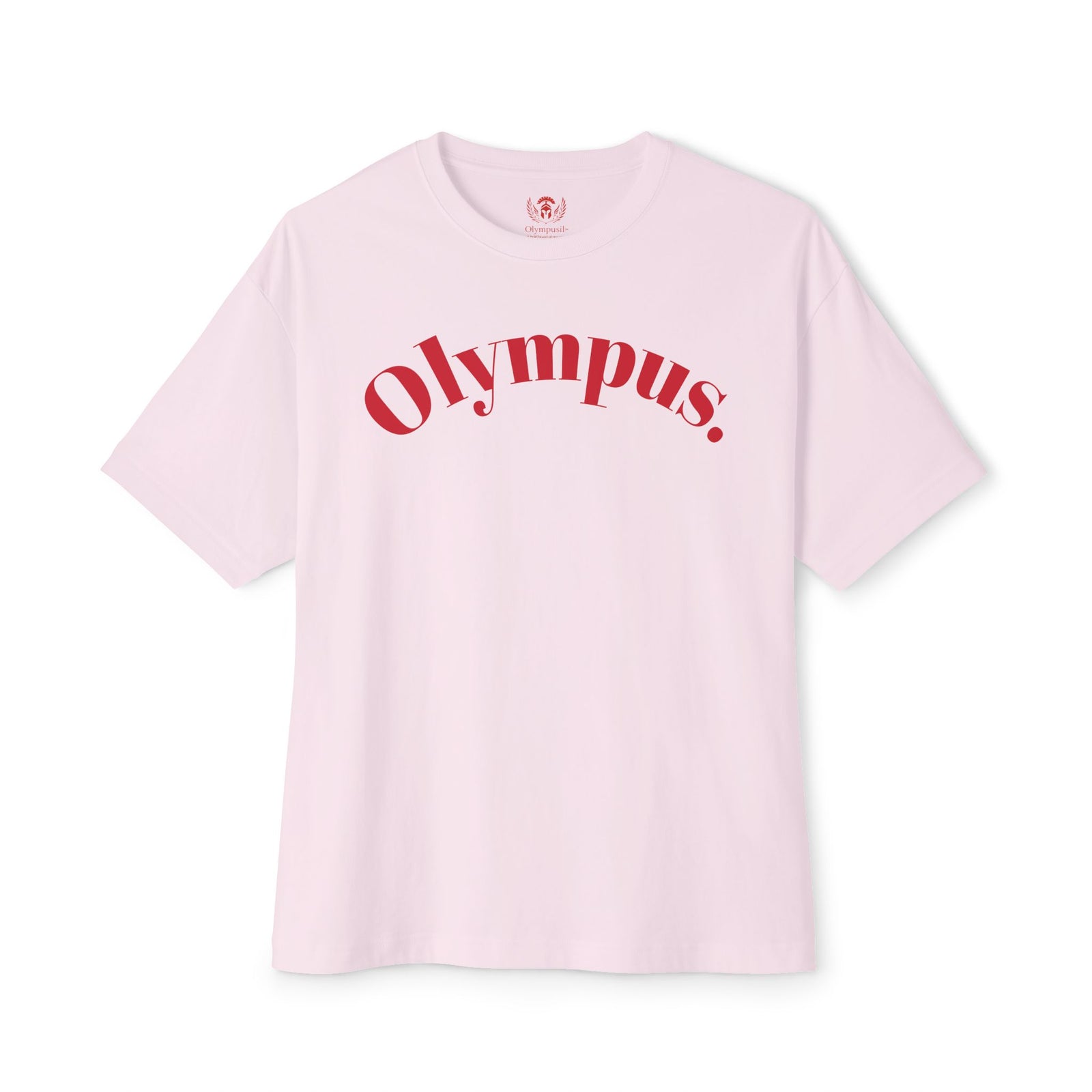 Pink t-shirt with 'Olympus' text on a white background