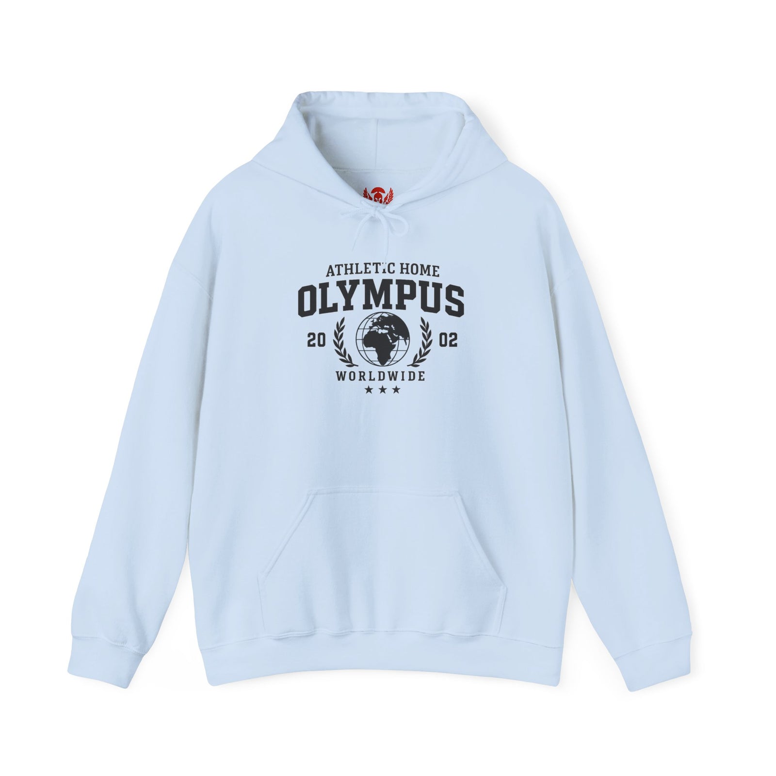 Light blue hoodie with 'Olympus' text and graphics on a white background