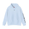 Light blue hoodie with a logo on the chest and text on the sleeve against a white background