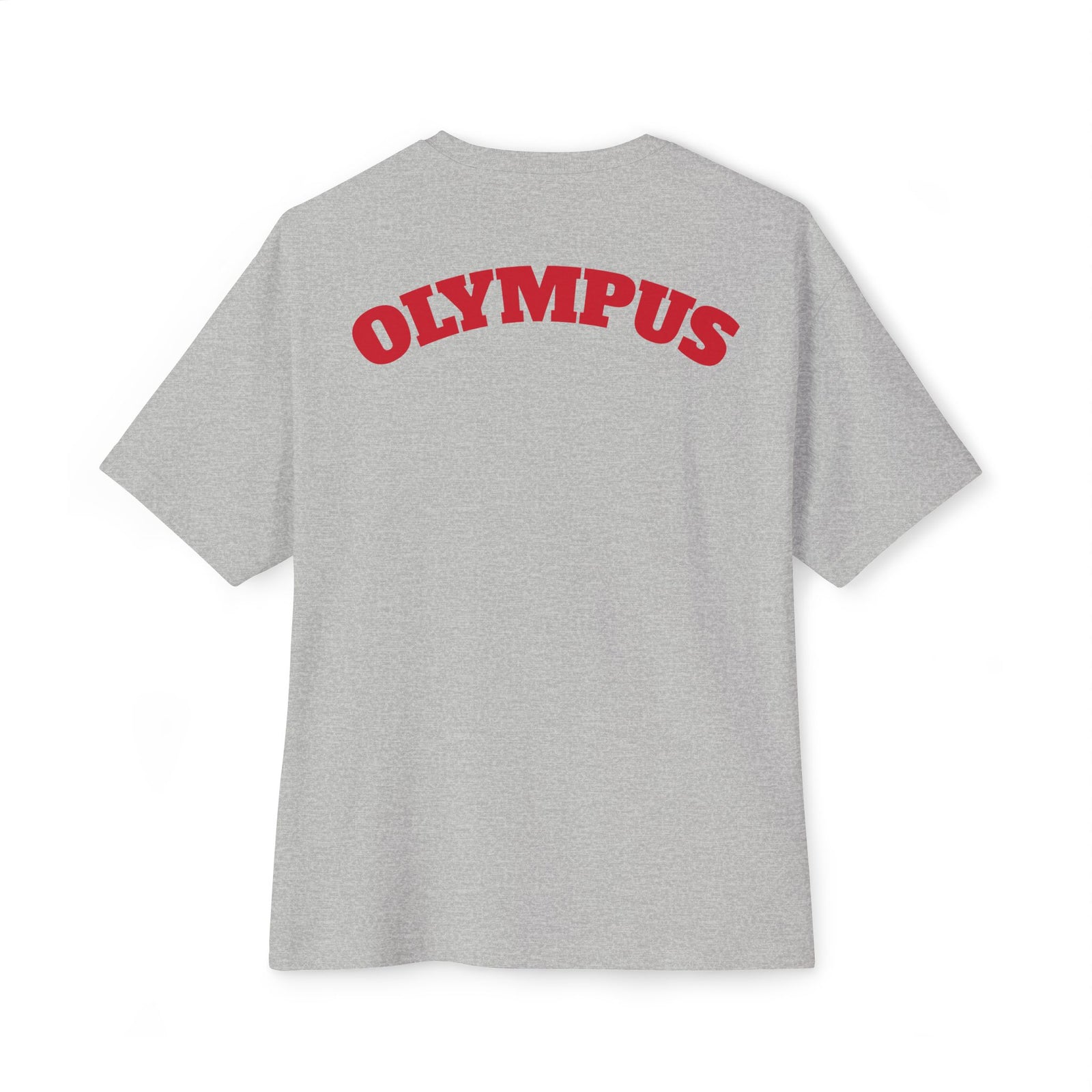 Gray t-shirt with 'OLYMPUS' printed in red on the back against a white background