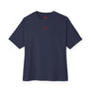 Navy blue t-shirt with a red logo on a white background