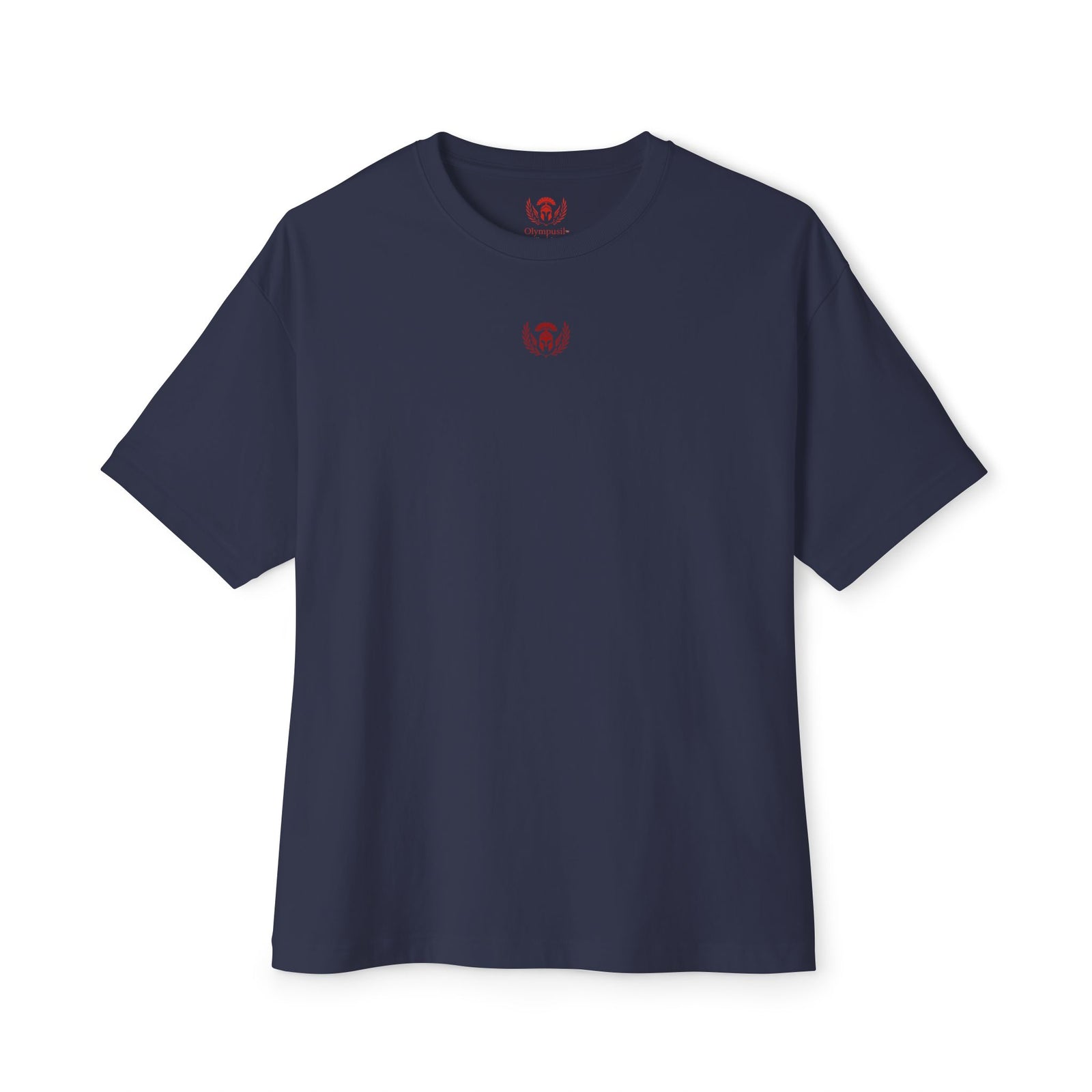 Navy blue t-shirt with a red logo on a white background